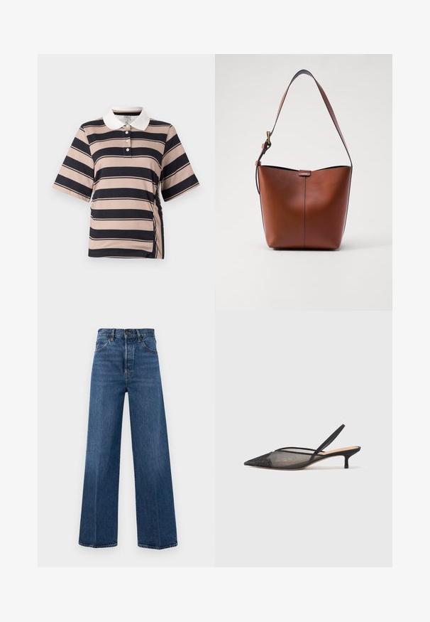 Kortærmet polo-shirt i lys beige med mørkeblå striber, med hvid krave, tre-knaps placket og samlet side-detail.; Bredbenede blå jeans lavet af denim med høj talje, forlommer og kontraststing. Stoffet har en glat tekstur.; NEOUS IRENA - Pumps - black; Brun læder skuldertaske med en buet form, glat tekstur og en enkelt tynd rem. Har en diskret søm og et lille logodesign.