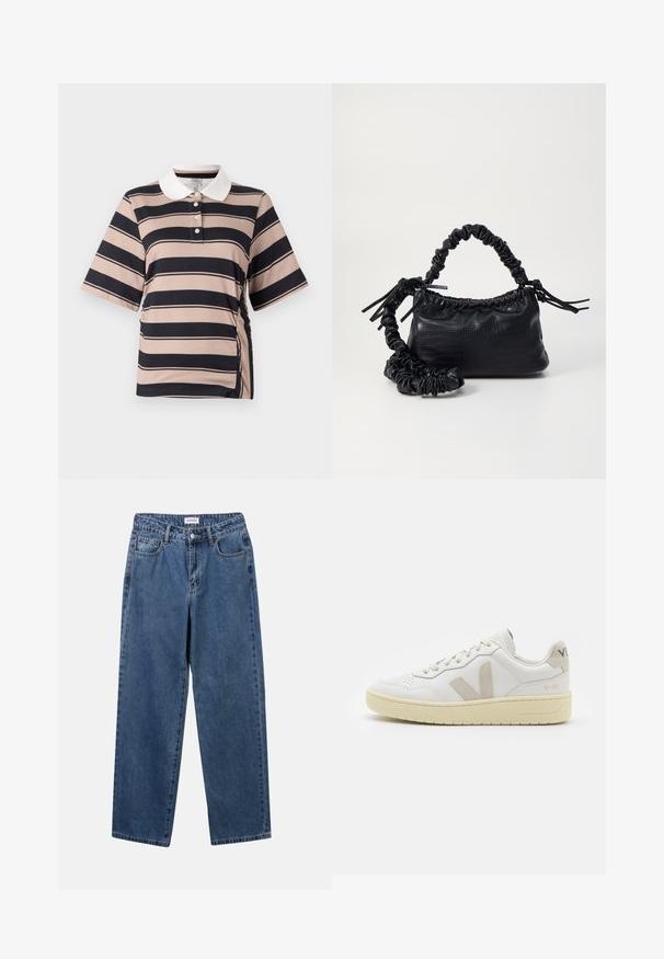Kortärmad pikétröja i ljusbeige med mörkblå ränder, med vit krage, treknappslås och indragna sidodetaljer.; Klassiska blå denimjeans med rak benform, fem fickor och knäppning. Har en medelblå tvättning och stadig textur.; Vita lädersneakers med beige mockadetaljer, perforerad tåbox, platta snören och en texturerad krämfärgad sula. Har diskret varumärkning på hälen.; Svart faux läderhandväska med krokodiltextur, snodd topp och en skrämd rem. Ser mjuk och kompakt ut i designen.