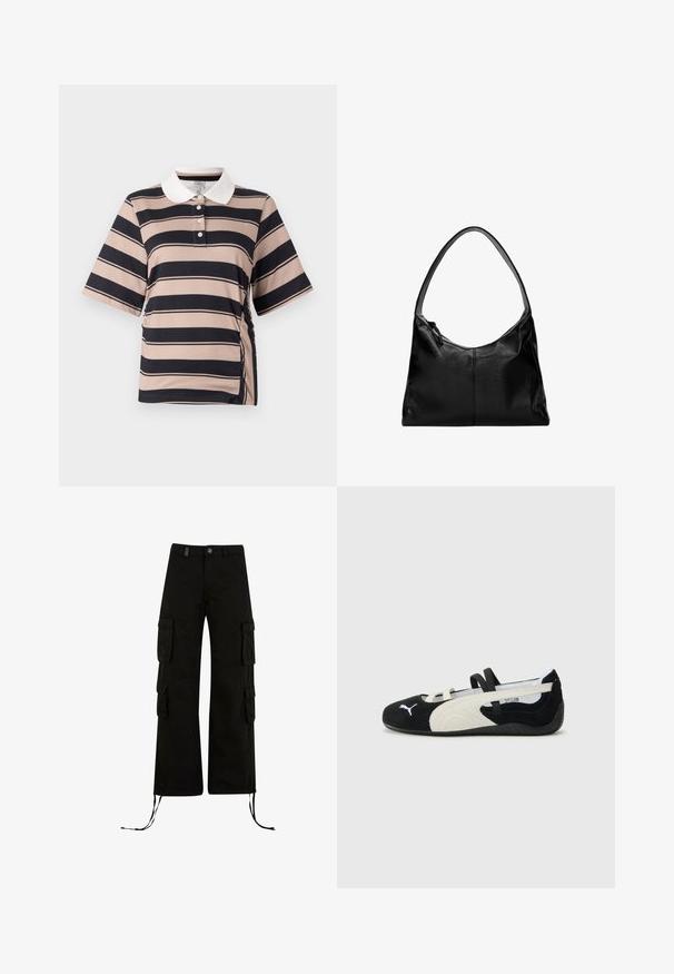 Rövidujjú polo póló világos bézs színben, sötét tengerészkék csíkokkal, fehér gallérral, három gombos légzéssel és rakott oldali részletekkel.; Fekete cargo nadrág laza szabással, oldalzsebekkel, húzózsinóros szárakkal és gombos derékzárral.; Fekete és krémszínű, ultra könnyű cipő, velúr felsőrésszel, lapos talppal, rugalmas pántokkal és kis logóval a lábujjnál.; Fekete bőr válltáska sima textúrával, ívelt tetővel és egyetlen pánttal. Cipzáras záródással és minimalista dizájnnal rendelkezik.; Ezüstszínű láncnyaklánc ovális szemekkel és homárkapoccsal, síkban elhelyezve egy fehér háttéren.