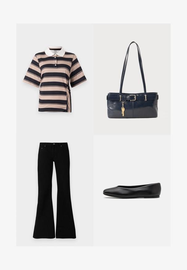 Kurzarm-Polohemd in hellem Beige mit dunkelblauen Streifen, ausgestattet mit einem weißen Kragen, einer drei-knöpfigen Knopfleiste und einem gerafften Seitendetail.; Schwarze Bootcut-Jeans aus Denim, die über ein klassisches Fünf-Taschen-Design, einen Knopfverschluss und dezente Nähte entlang der Säume verfügen.; Paul Smith TOPANGA - Klassischer Ballerina - black; Marineblaue Lederhandtasche mit zwei langen Griffen, einer Schnallen-Detailierung und einem daran befestigten Schlüsselanhänger. Besitzt eine glatte Textur und eine rechteckige Form.