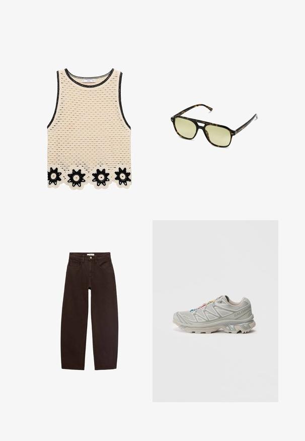 Häkel-Top in hellem Beige mit schwarzem Besatz. Mit einem floralen Spitzensaum in Schwarz-Weiß-Akzenten. Offenes Gewebe-Muster überall.; Braune Jeans aus Denim mit entspannter Passform, ausgestattet mit fünf Taschen, Gürtelschlaufen und klassischem Reißverschluss. Glatte Textur und gerades Bein-Design.; Hellgrauer Sportschuh mit einer strukturierten Mesh-Oberfläche, reflektierenden Akzenten, ausgeprägter Profilsohle und bunten Schnürsenkeln. Verfügt über ein unterstützendes Design.; Schildkrötensonnenbrille mit rechteckiger Form, grün getönten Gläsern und gemusterten Acetatrahmen. Verfügt über metalliche Akzente in der Nähe der Gläser.