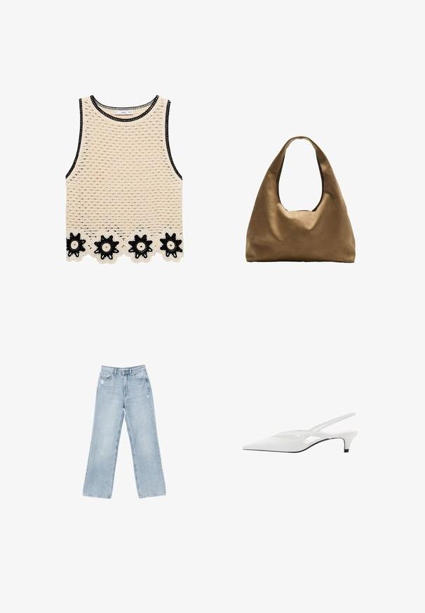 Top in crochet color beige chiaro con bordi neri. Presenta un orlo in pizzo floreale con accenti neri e bianchi. Tessuto a trama aperta in tutto il capo.; Jeans in denim azzurro chiaro con taglio a gamba larga, dettagli strappati, design a cinque tasche e chiusura con zip.; Décolleté bianco con punta affilata, caratterizzato da una tomaia liscia, sottili aperture e un tacco a blocco basso. La suola nera esalta il design.; Borsa a spalla in tessuto marrone con un corpo ampio e arrotondato e una grande maniglia a taglio. Texture morbida, design minimalista e senza hardware visibile.