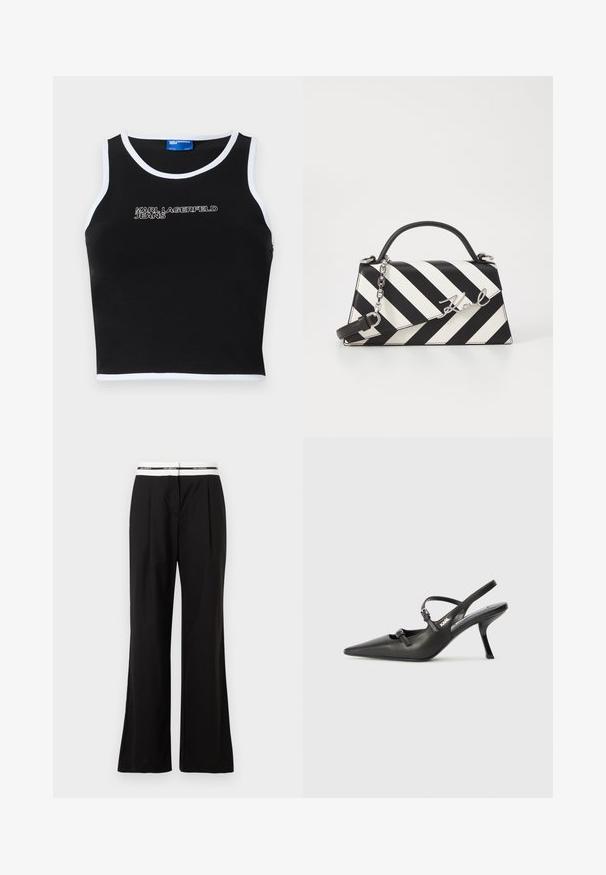 Črn top brez rokavov z belim obrobljenjem, na katerem je napisan tekst "KARL LAGERFELD JEANS" v belem. Izdelan iz gladkega materiala.; Črne hlače sproščenega kroja z belim elastičnim pasom z blagovno znamko. Narejene iz gladkega materiala z rahlim sijajem.; Črne usnjene sandale na peto s koničastim nosom, vitko peto in okrasno zaponko na sprednjem delu. Gladka tekstura in eleganten dizajn.; Črna in bela črtasta torbica z obliko s strukturirano obliko, s top ročajem, odstranljivo verižico in kovinskim logotipom.