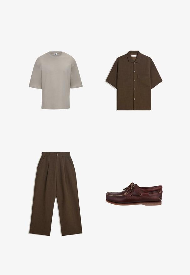 Kurzarm-T-Shirt mit Rundhalsausschnitt aus hellbeigem Baumwollstoff. Bietet eine lockere Passform, eine glatte Textur und dezente Markenkennzeichnung auf dem Ärmel.; Kurzärmliges, dunkelbraunes Hemd aus strukturiertem Stoff. Verfügt über eine Knopfleiste und zwei Brusttaschen. Lässiges Design mit entspannter Passform.; Braune Plisseehosen mit weitem Bein, ausgestattet mit einem Knopfverschluss und seitlichen Taschen, aus strukturiertem Stoff, der sich gut für Freizeitkleidung eignet.; Braune Lederbootsschuhe mit rundem Zeh, kontrastierenden Nähten, Schnürsenkeldesign und Gummisohle für guten Halt. Timberland-Logo sichtbar.