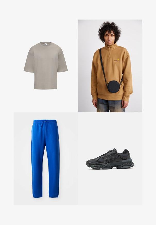 Short-sleeve, crew-neck t-shirt in light beige cotton. Features a relaxed fit, smooth texture, and subtle branding on the sleeve.; Blue sweatpants made of soft fabric, featuring an elastic waistband with drawstring, tapered legs, and a small logo detail on the side.; Black running shoe featuring a mix of mesh and synthetic materials, chunky sole, curved design, and prominent branding on the side.; Brown quarter-zip fleece sweatshirt with embroidered logo, featuring a black round crossbody bag with a zipper and logo detail, worn over denim.