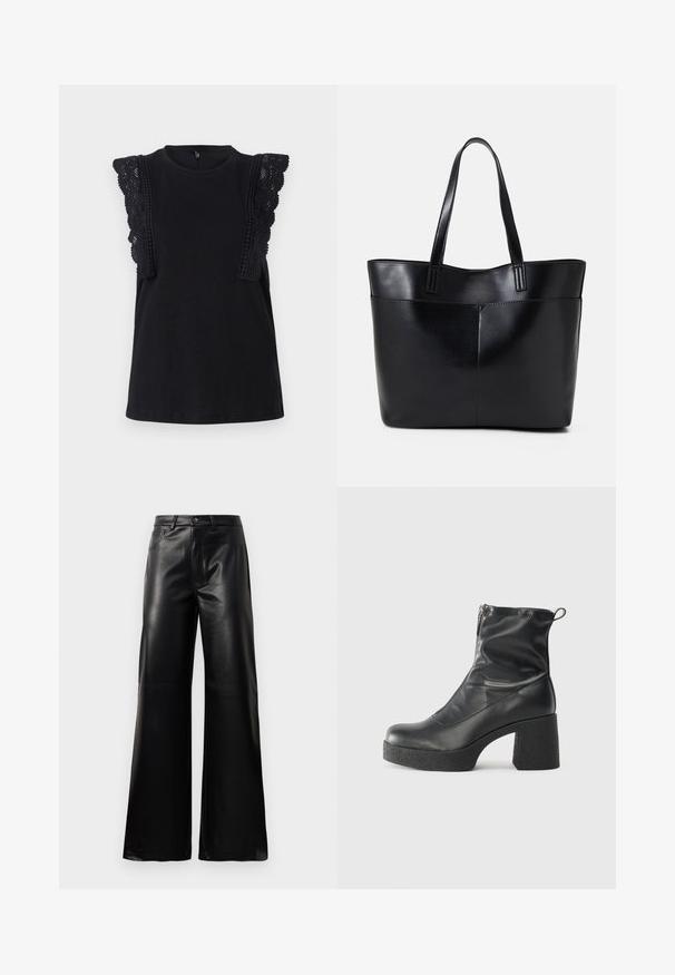 Svart ermeløs topp med intrikate blondedetaljer på skuldrene. Laget av myk stoff, har den rund hals og en avslappet passform.; Sorte høy midje vide ben bukser i imitert skinn med knapp foran, glidelås, beltehemper og sidelommer på hvit bakgrunn.; Svarte ankelstøvler laget av glatt lær, med glidelås på siden, chunky strukturert hæl, og rund tå-design.; Svart lær toteveske med to lange håndtak, en glatt tekstur og en strukturert form. Har en frontlomme for ekstra oppbevaring.