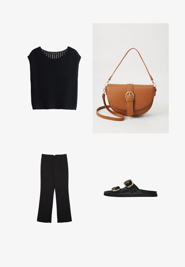 Schwarzes, kurzärmeliges Strickoberteil mit lockerer Passform, rundem Ausschnitt, strukturiertem Muster und offener Weboptik am Kragen.; Schwarze Hose mit geradem Schnitt, ausgestattet mit Fronttaschen und Seitenschlitzen am Saum. Hergestellt aus weichem, glattem Stoff. Geeignet für verschiedene Anlässe.; Schwarze Riemensandale mit zwei goldenen Schnallendetails, glattem Material, flachem Sohlen und minimalistischer Gestaltung.; Braune Leder-Crossbody-Tasche mit geschwungener Form, goldfarbenen Beschlägen und einer Schnallenakzentuierung. Verfügt über einen abnehmbaren Schultergurt.