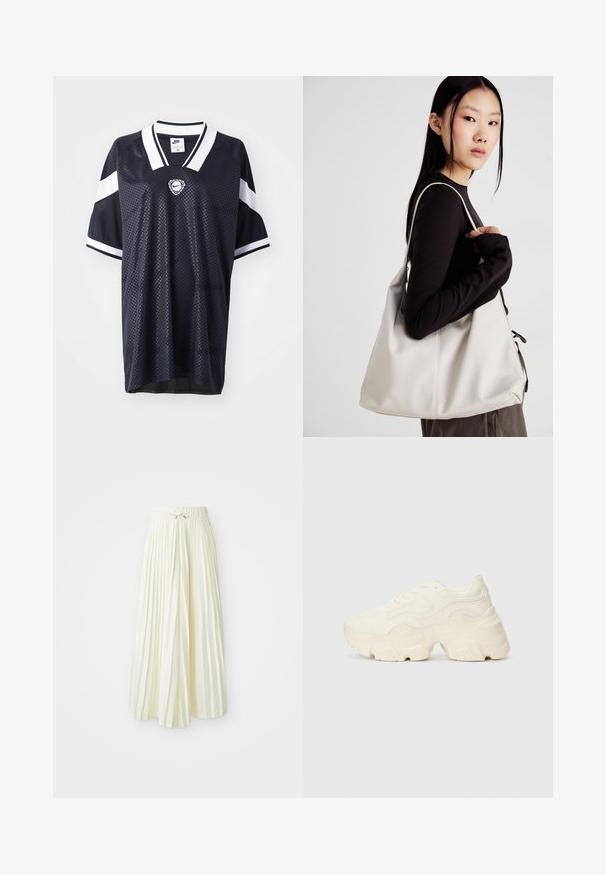 Camisa desportiva da marinha feita de tecido de malha respirável. Apresenta riscas brancas nas mangas e um logo redondo da Nike no peito. Design com padrão texturizado.; Saia midi plissada em tecido amarelo claro, com um cós elástico e laço, textura suave e riscas verticais para um detalhe adicional.; Sapatilhas brancas chunky feitas de malha texturizada e materiais sintéticos, apresentando uma sola espessa e detalhes de padrão intrincados ao longo dos lados.; Uma bolsa bege feita de material macio, com um design descontraído, detalhes de costura e duas alças para o ombro. Adequada para uso diário.