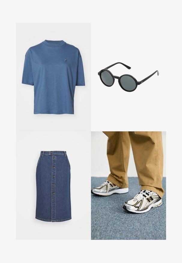 Carhartt WIP CHESTER - Lihtne T-särk - positano; Tume sinine denimist pencil seelik, millel on ees nööpidega sulgemine, vertikaalsed õmblused ja klassikaline serv.; Valged ja hõbedased New Balance'i spordijalatsid mustade aktsentide ja paeltega, millel on võrgust pealmine osa, pehmendusega tallad ja dünaamiline disain.; Ümmargused prillid musta plastraamiga ja tumedate hallide läätsedega. Omavad õhukesi, sirgeid piire minimalistlike aktsentidega.