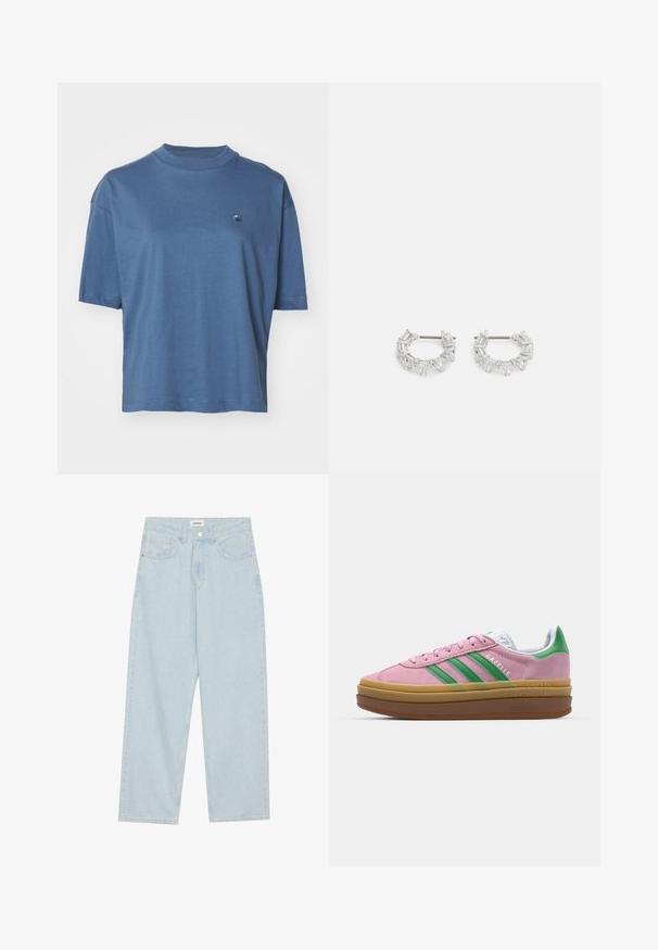 Carhartt WIP CHESTER - T-shirt - bas - positano; Ljust blå vida jeans av denim, med en medelhög midja, fem fickor och en knappstängning med en smal metallaccent.; Rosa mockaskor med gröna ränder, vita accenter och en brun gummisula. Har ett strukturerat tyg och logodetaljer på sidan.; Silverfärgade hoops örhängen som har klara, rektangulära och triangulära kristaller arrangerade i ett mönstrat design. Stift för säker fastsättning.