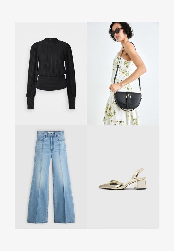 Juoda klostuota bluzonė su aukštu kaklu, ilgomis rankovėmis ir susiraukiamu liemeniu. Lygus audinys su subtiliu blizgesiu ir prigludusiais rankogaliais.; Šviesiai mėlyni aukšto liemens džinsai su plačiomis kojomis, priekinėmis ir užpakalinėmis kišenėmis, diržo kilpos ir vertikaliomis siūlėmis priekyje.; Auksiniai, metaliniai slingback aukštakulniai bateliai su smailiu pirštu ir masyviu kulnu. Lygus paviršius, minimalizmo dizainas ir siaura juostelė.; Juodas odinis krepšys su išlenkta forma, nuimamu dirželiu ir auksiniais detalėmis. Krepšys turi kilpą su sagtimi.; Aukso spalvos širdelės formos auskarai su tekstūruotu paviršiumi, puikiai derantys su kabančiu perlų akcentu. Kartu pridėtos atitinkančios širdelės formos auskarai su smeigėmis.