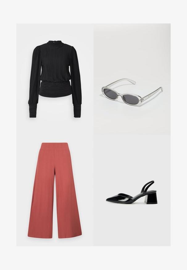 Blusa preta plissada com um decote alto, mangas longas e cintura franzida. Textura suave com brilho subtil e punhos ajustados.; Calças de perna larga em tom ferrugem, feitas em tecido texturizado com nervuras verticais. Possuem um cós alto e elástico.; Sandy em verniz preto com salto slingback, ponta afilada e salto geométrico. Apresenta um design elegante e minimalista com textura suave.; Óculos de sol com formato oval, armação de plástico transparente, lentes cinza-escuro e hastes finas transparentes com detalhes do logótipo e um design minimalista.