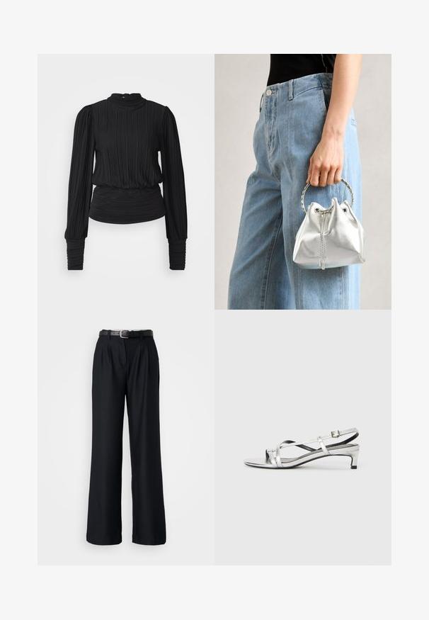 Črna nabrana bluzka z visokim ovratnikom, dolgimi rokavi in zbranim pasom. Gladka tekstura z rahlim leskom in oprijetimi manšinami.; Črne široke hlače iz gladkega materiala, z sprednjimi gubami in usklajevanjem črnim pasom s srebrno zaponko.; Srebrne metalne sandale na peto s crisscross naramnicami in gladko teksturo. Minimalističen dizajn.; Metalna srebrna torba na ramenu z zrnato površino, okrašena s srebrnim okroglim ročajem in zapiranjem na vrvico, držana ob svetlo modrih džinsih.; Srebro prstan za zapestje s gladko, refleksivno površino. Ima ukrivljen dizajn in širok pas, kar ustvarja sodoben, minimalističen videz.
