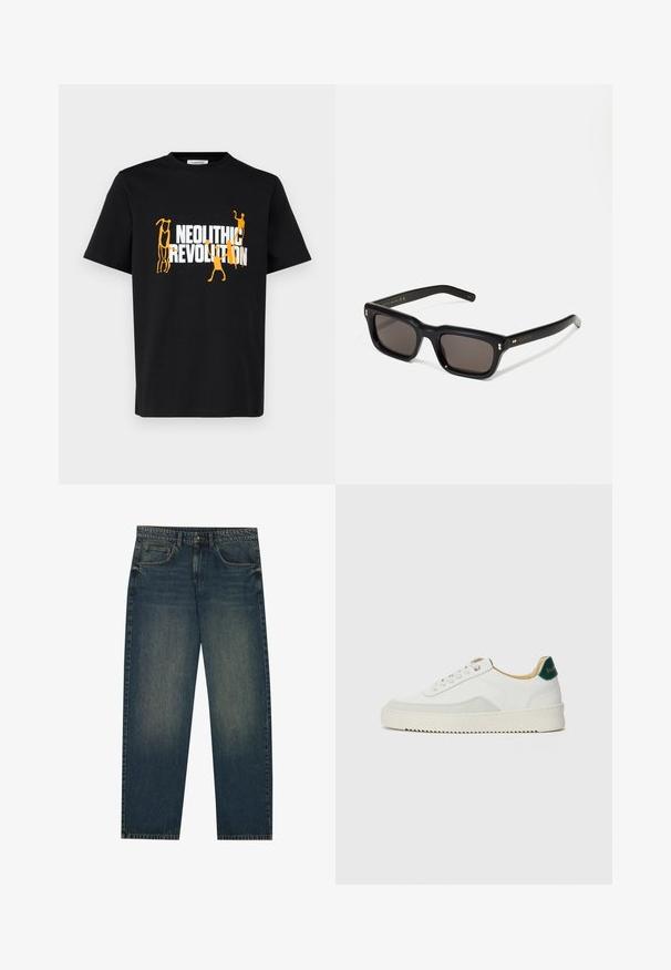Fekete pamut póló, grafikával, amelyen a "NEOLITHIC REVOLUTION" szöveg fehér és narancssárga színben szerepel, stilizált alakokkal.; Sötétkék farmernadrág egyenes szabással, öt zsebes dizájnnal és enyhén kopott textúrával a lábakon. Kényelmes viselet mindennapi használatra.; Fehér sneaker suédé részletekkel, kerek orral, lapos fűzőkkel és krémszínű gumitalppal. Zöld logó található a sarkán.; Fekete téglalap alakú napszemüveg sötét lencsékkel, vastag műanyag keret, arany díszítések a szárakon, és a márka logója gravírozva a szára.