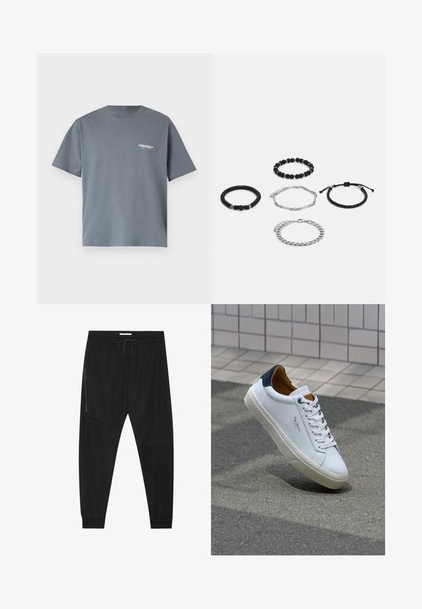 Gray cotton t-shirt with short sleeves, featuring a small white "ORIGINALS" logo on the left chest area. Simple crewneck design.; Black athletic pants made of textured fabric, featuring an adjustable waistband, zippered side pocket, and tapered cuffs.; White leather sneaker with a navy heel, round toe, and contrasting brown accents. Features flat laces and textured rubber sole.; Five bracelets: two black bead bracelets, one textured black cord, one silver chain, and one braided black cord with adjustable closure.