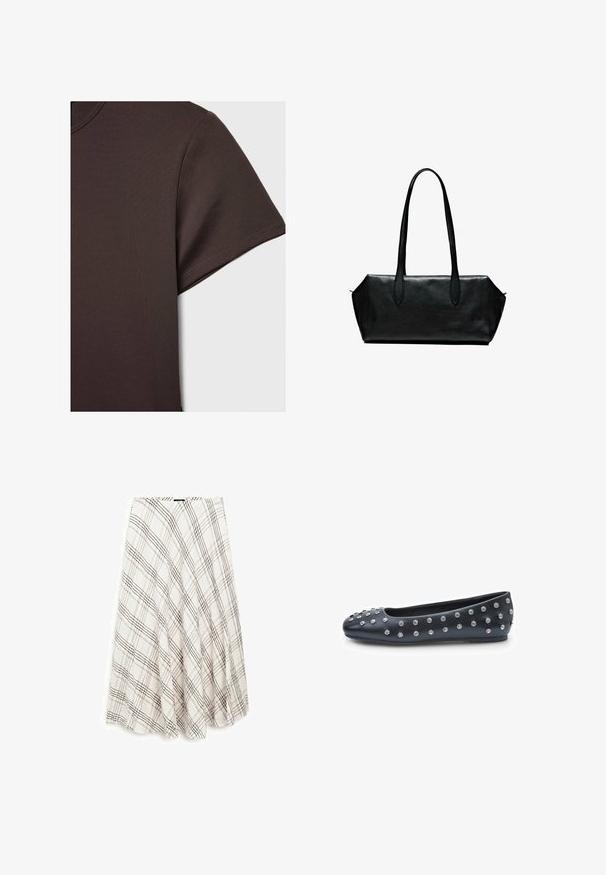 Dunkelbraunes Kurzarm-T-Shirt aus glattem, dehnbarem Material, mit klassischem Rundhalsausschnitt und sauberen Nähdetails.; Karierten Rock in hellbeige und braun, mit einem ausgestellten Design und Textur. Das Material ist leicht und gewebt, mit einem elastischen Bund.; Schwarze Ballettschuhe aus Leder, verziert mit silbernen Nieten, mit runder Fußspitze und glatter Textur. Elegantes Design mit flacher Sohle.; Schwarze Ledertasche mit langen Griffen, rechteckiger Form, glatter Oberfläche und schrägen Seiten, mit minimalistischer Gestaltung und ohne sichtbare Beschläge.