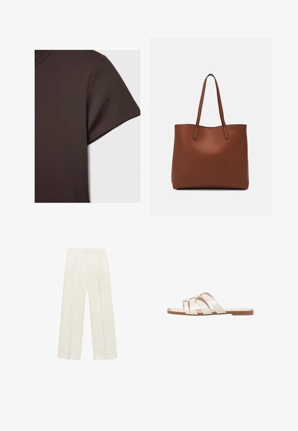 Temno rjava majica s kratkimi rokavi, izdelana iz gladkega, raztegljivega materiala, z osnovnim krojem vratu in čistimi šivi.; Hlače širokih nogavic v svetli kremni barvi. Narejene iz gladkega materiala s plitkimi naborki spredaj in stranskimi žepi.; Ravne sandale s svetlo rjavim gumijastim podplatom, zasnovane s tremi prekrivajočimi se belimi usnjenimi trakovi in majhnim lokom na sredini.; Rjava usnjena torba z gladko teksturo, odprto zasnovo zgoraj in dvema naramnima trakovoma. Opremljena je z minimalnim šivanjem in brez vidnih kovinskih delov.