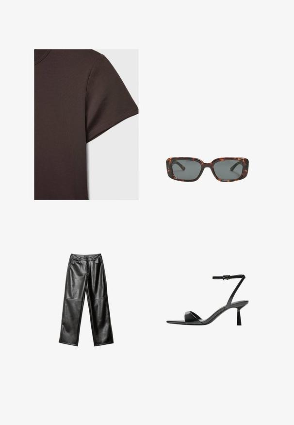 T-paita tummanruskeana lyhythihaisena, valmistettu sileästä ja joustavasta materiaalista, jossa on klassinen pyöreä kaula-aukko ja siistit ompeluyksityiskohdat.; Mustat nahkaiset leveälahkeiset housut, joissa on sileä pinta, viiden taskun muotoilu ja ommeltu yksityiskohtia lahkeissa ja vyötäröllä.; Bershka Korolliset sandaalit - black; Silmälasit pähkinäkuoresta, joissa on suorakulmaiset linssit, paksut kehykset ja tummennetut linssit. Sileä pinta ja minimalistinen muotoilu.