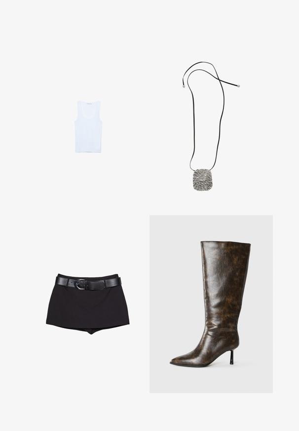 White cotton tank top, features a round neckline and wide shoulder straps. Smooth texture, sleeveless design, and a fitted silhouette.; Black shorts with a smooth texture, featuring a wide black belt and silver buckle, cut in a fitted design with a slightly high waist.; Brown distressed leather knee-high boot with pointed toe and thin stiletto heel on a white background.; Pendant necklace featuring a textured, metallic silver square pendant on a black cord. Notable details include intricate patterns and a smooth finish.