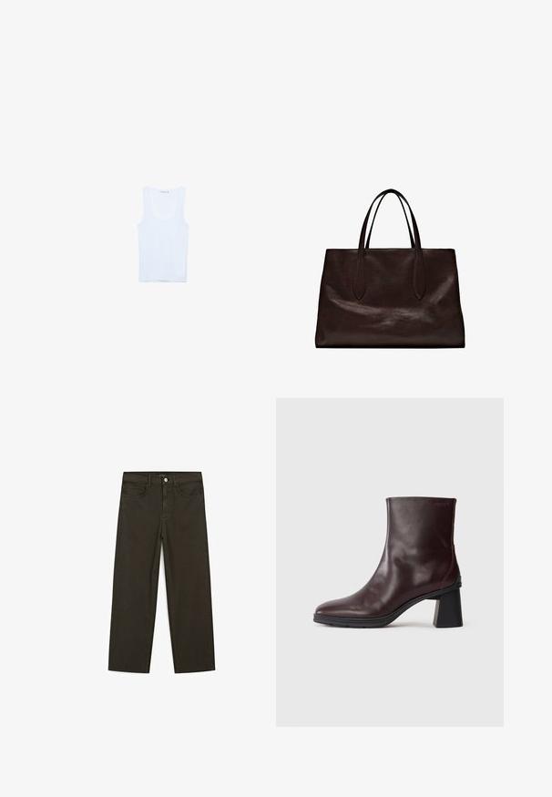 Canotta bianca in cotone, caratterizzata da un scollo rotondo e spalline larghe. Texture liscia, design senza maniche e silhouette aderente.; Jeans a gamba larga di colore verde scuro, realizzati in tessuto misto cotone, dotati di chiusura con bottone frontale, cinque tasche e cuciture classiche in denim.; Stivale alla caviglia in pelle marrone scuro con tacco a blocco e punta rotonda, visualizzato su uno sfondo grigio chiaro uniforme.; Massimo Dutti Borsa a mano - brown