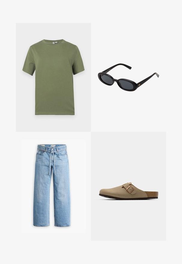 Olivově zelené bavlněné tričko s krátkým rukávem, kulatým výstřihem a hladkou texturou. Jednoduchý design, bez viditelných vzorů nebo kovových detailů.; Světle modré džínové široké kalhoty s vysokým pasem, zapínáním na knoflík a zip, a šňůrkou v pase. Obroušené zakončení.; Bežové dřeváky s kulatou špičkou, nastavitelným sponovým detailem a korkovou stélkou. Texturovaný povrch s černou gumovou podrážkou pro lepší přilnavost.; Černé oversized sluneční brýle s oválnými čočkami, hladkým plastovým rámem a zlatými akcenty na spáncích. Tmavé čočky poskytují ochranu před sluncem.