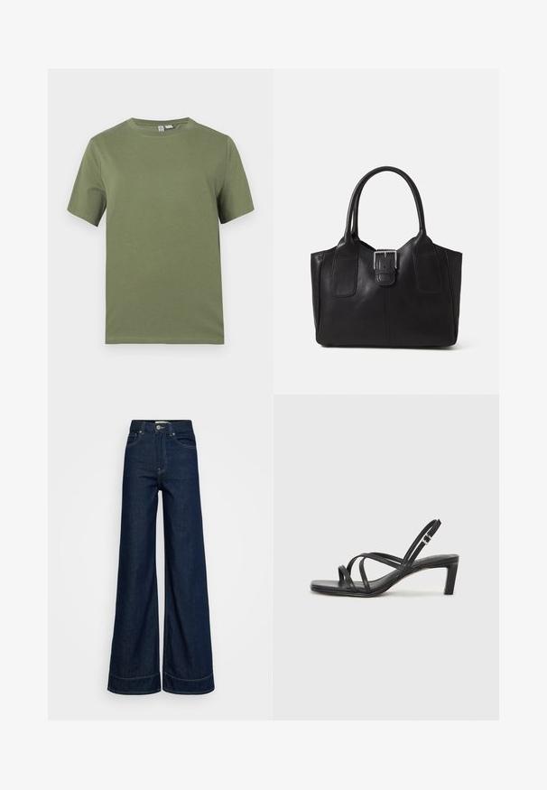 Olive rohelise puuvillane T-särk lühikeste varrukate, ümmarguse kaeluse ja siledaga. Lihtne disain, ilma nähtavate mustrite või riistvarate detailideta.; Tumedatest sinisest kõrge vöökoht ja laiad puusasid ulatuvad teksad, millel on ees taskud, vööloopide, nööbi kinni keeramine ja nähtav õmblus valgel taustal.; Mustast rihmajalatsid ruudukujulise varba ja madala ploki kontsaga. Omab mitmeid õhukesi rihmasid ja reguleeritavat pahkluu rihma. Valmistatud siledast nahast.; Mustgamma nahast kott, millel on sile tekstuur, struktureeritud kuju, kaks käepidet ja esiküljel silmapaistev hõbedane pandla detail.