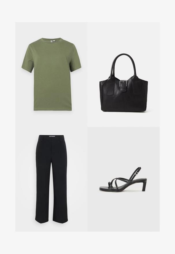 Olivenfarbene Baumwoll-T-Shirt mit kurzen Ärmeln, Rundhalsausschnitt und glatter Textur. Einfaches Design, keine sichtbaren Muster oder Hardware-Details.; Schwarze weite Hosen mit glatter Textur, ausgestattet mit einem flachen Bund und seitlichen Taschen, entworfen mit einer minimalistischen Ästhetik.; Schwarze Sandale mit Riemchen, quadratischer Zehenform und niedrigem Blockabsatz. Verfügt über mehrere dünne Riemen und einen verstellbaren Knöchelriemen. Hergestellt aus glattem Leder.; Schwarze Leder-Tote mit glatter Textur, strukturiertem Design, zwei Griffen und einem auffälligen silbernen Schnallen-Detail auf der Vorderseite.