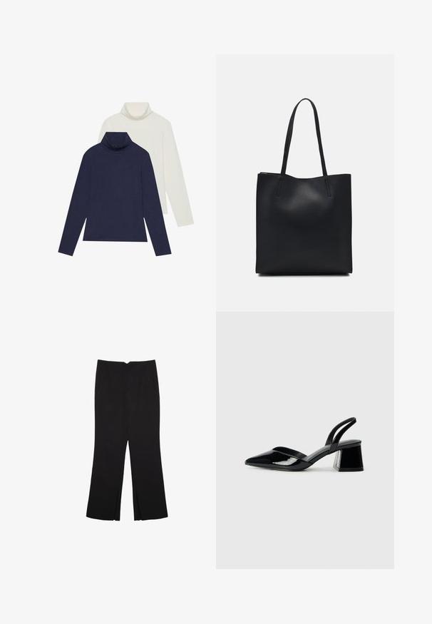 Dve puloverja z visokim ovratnikom: en je mornarsko moder, drugi pa off-white. Obe sta narejeni iz gladkega, elastičnega materiala z dolgimi rokavi in sproščenim krojem.; Črne hlače ravnega kroja z naglavnimi žepi in stranskimi razporki na robu. Narejene iz mehke, gladke tkanine. Primerne za različne priložnosti.; Črne lakirane slingback pete s koničastim nosom in geometrijsko blokasto peto. Imajo eleganten, minimalističen dizajn in gladko teksturo.; Črna usnjena torba s svilnato teksturo, pravokotne oblike in dvema dolgima ročajema. Brez vidnih metalnih delov ali okrasnih elementov.
