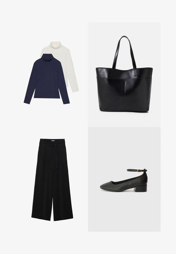 Två polotröjor: en marinblå och en off-white. Båda är gjorda av ett mjukt, stretchigt tyg med långa ärmar och en avslappnad passform.; Svarta vida byxor med texturerad tyg, elastisk midja och en avtagbar käppknut i midjan för justerbar passform.; Svart läderpump med spetsig tå och en låg klack. Har en ankelsnodd med en guldtonad spänne. Slät textur.; Svart läder tote-väska med två långa handtag, en slät yta och en strukturerad form. Har en framficka för extra förvaring.