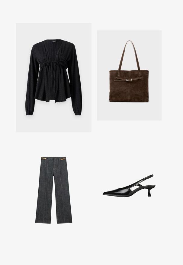 Svart långärmad strukturerad blus med V-hals, samlad midja, knyt detalj och utsvängd nederkant. Mjuk tyg med ett subtilt mönster.; Mörk tvättade denimbyxor med vida ben och hög midja. Har synlig sömnad, knappstängning och en unik kedjedetalj vid midjan.; Svart lackläder slingback-klackar med spetsig tå, utskuren sidor och en liten fyrkantig klack. Slät textur med minimala accenter.; Brun mocka toteväska med långa handtag, med en platt kropp och ett dekorativt band med silverfärgade detaljer.