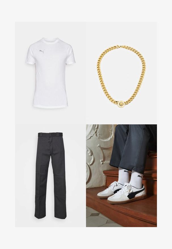 Maglietta atletica bianca a maniche corte con colletto rotondo, caratterizzata da un tessuto testurizzato e un logo grigio discreto sulla parte superiore sinistra del petto.; Pantaloni neri realizzati in tessuto resistente, con un design a gamba dritta, una cintura con passanti per la cintura e cuciture per una maggiore texture.; Sneakers Puma in suede bianco e nero, con suola in gomma marrone. Abbinati a calzini bianchi con logo nero, indossati con pantaloni scuri.; Collana in oro con grandi anelli intrecciati, caratterizzata da un dettaglio pendente circolare al centro con un emblema in rilievo.