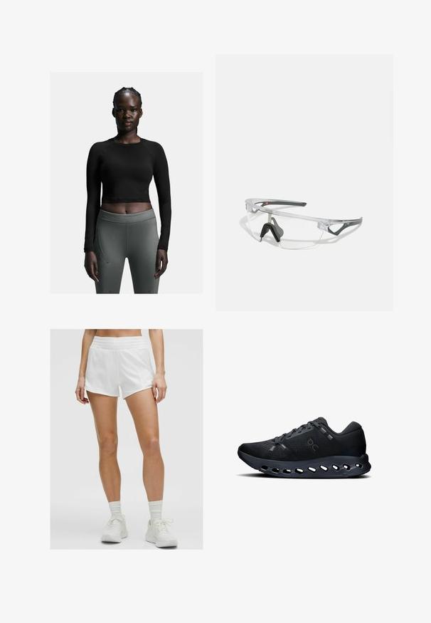 Črn dolg rokav krojen top, v kombinaciji s prilegajočimi temno sivimi legicami. Top ima preprost dizajn; legice imajo stranske šive in gladko teksturo.; Beli športni kratki hlače z gladko teksturo, elastičnim pasom in stranskimi žepi, v kombinaciji z belimi supergami in nogavicami do gležnjev.; Črne športne čevlje z zračnim mrežastim zgornjim delom, oblazinjenim ovratnikom in podplatom s številnimi izrezi za prožnost.; Prozorni zaščitni očala z lahkim, prozornim okvirjem in sivo obrobo. Imajo zasnovo, ki se ovija okoli oči, ter nastavljiv nosni del.