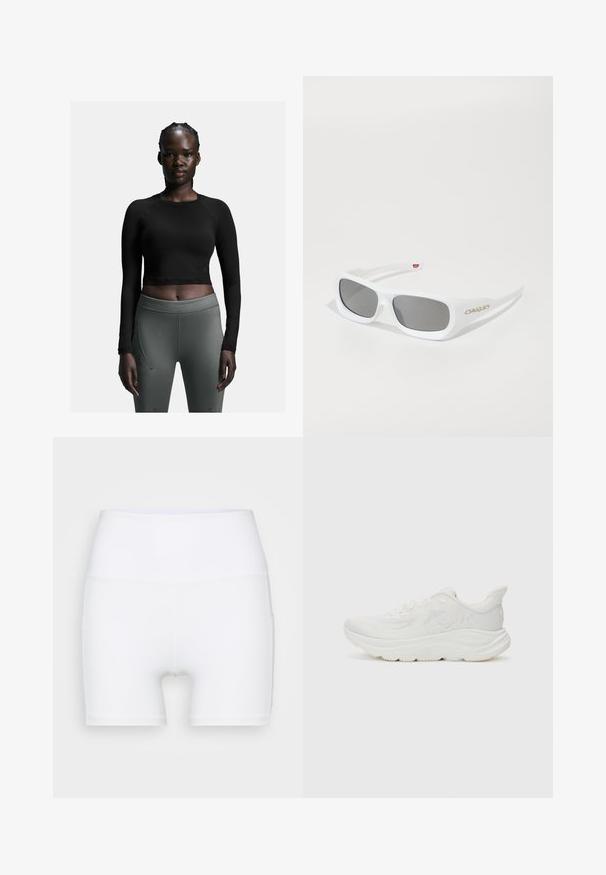 Zwarte langmouw crop top gecombineerd met strakke donkergrijze leggings. De top heeft een eenvoudig ontwerp; de leggings hebben zijnaad en een soepele textuur.; Witte hoge taille shorts van rekbare stof. Kenmerken een gladde textuur en een aansluitend ontwerp, zonder extra patronen of hardware.; Witte hardloopschoen met een kunststof mesh bovenwerk, gevoerde kraag, dikke middenzool en rubberen buitenzool. Heeft een logodetail aan de zijkant.; Witte rechthoekige Oakley-zonnebril met donkere lenzen die op een witte ondergrond liggen, logo zichtbaar aan de zijkant.