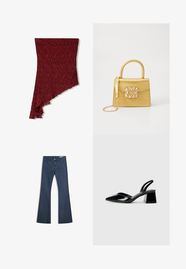 Burgundin värinen pitsihuivi, jossa on epäsymmetrinen leikkaus, kukkakuosi ja sahalaitareuna, valmistettu kevyestä ja teksturoidusta materiaalista.; Tummansiniset leveälahkeiset farkut, joissa on tikatut taskut, nappisuljenta ja sileä pinta. Ominaisuuksiin kuuluu klassinen viiden taskun muotoilu.; Mustat patentoitu nahkakengät, joissa on säären takaosa ja terävä kärki, sekä geometrinen palikkakorko. Sisältää tyylikkään, minimalistisen muotoilun ja sileän pinnan.; Keltainen keinonahkainen krokotiililaukku, jossa on jämäkkä muotoilu, yläkahva, irrotettava ketjusanka ja koristeellinen kristallikoristelu lukossa.