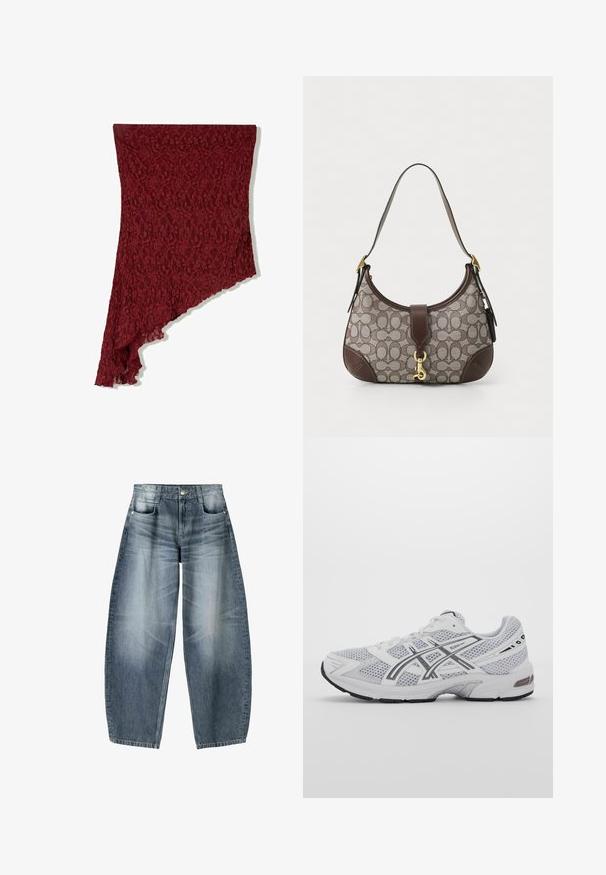 Bordeaux kant sjaal met een asymmetrische snit, voorzien van een bloemenpatroon en een golvende rand, gemaakt van lichtgewicht, textuur materiaal.; Wijd gesneden jeans van lichtblauwe denim met vervaging, met een vijf-pocket ontwerp, knoopsluiting en minimale stikdetails.; Witte mesh sport schoenen met grijze accenten, gestructureerd ontwerp, vetersysteem, gevoerde kraag en rubberen buitenzool voor grip.; COACH HAMPTONS HOBO BAG IN SIGNATURE JACQUARD - Handtas - oak maple; Pilgrim DREAM - Ketting - gold plated