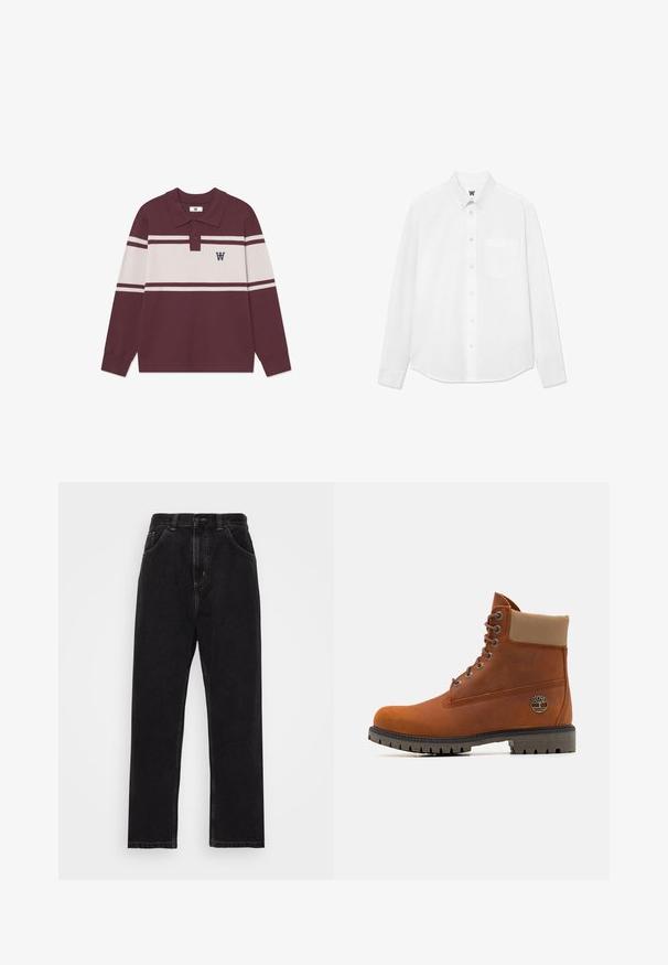 Burgundin pitkähihaine polo-paita, jossa on valkoisia vaakasuoria raitoja, kaksi nappia ja musta "W"-logo vasemmassa rinnassa.; Valkoinen pitkähihaisen napitetun paidan, jossa on kaulus, etutasku ja hienovarainen kangas. Edessä on nappilista ja pieni logoyksityiskohta.; Musta farkkuhousut suoran lahkeen muotoilulla, joissa on viisi taskua, napilla ja vetoketjulla suljettava malli sekä erottuva keltainen ommel.; Timberland Nauhalliset nilkkurit - medium orange