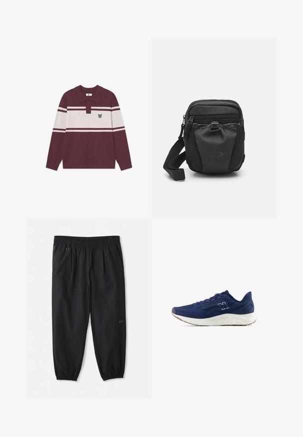 Long-sleeve burgundy polo shirt with white horizontal stripes, two buttons, and a black "W" logo on the left chest.; Black casual elastic-waist pants with side pockets, ankle elastic cuffs, and a small logo on the right thigh.; Navy running shoe with textured mesh upper, white midsole, and light brown outsole. Features a minimal design and discreet logo detail.; Black nylon crossbody bag with zippered compartments, textured surface, adjustable strap, and logo detail on the front. Compact design.