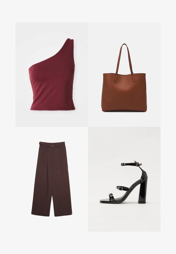 Bordeaux enaxladad crop top med en liten Puma-logotyp på övre högra sidan.; Stradivarius WIDE-LEG WITH BUCKLE DETAIL - Tygbyxor - dark brown; Svarta lackerade klacksandaler med fyrkantig tå, ankelremmar och silverfärgade spännen. Har en kraftig blockklack för stabilitet.; Brun läder tote-väska med en slät textur, öppen toppdesign och två axelremmar. Har minimal söm och ingen synlig metalldetalj.