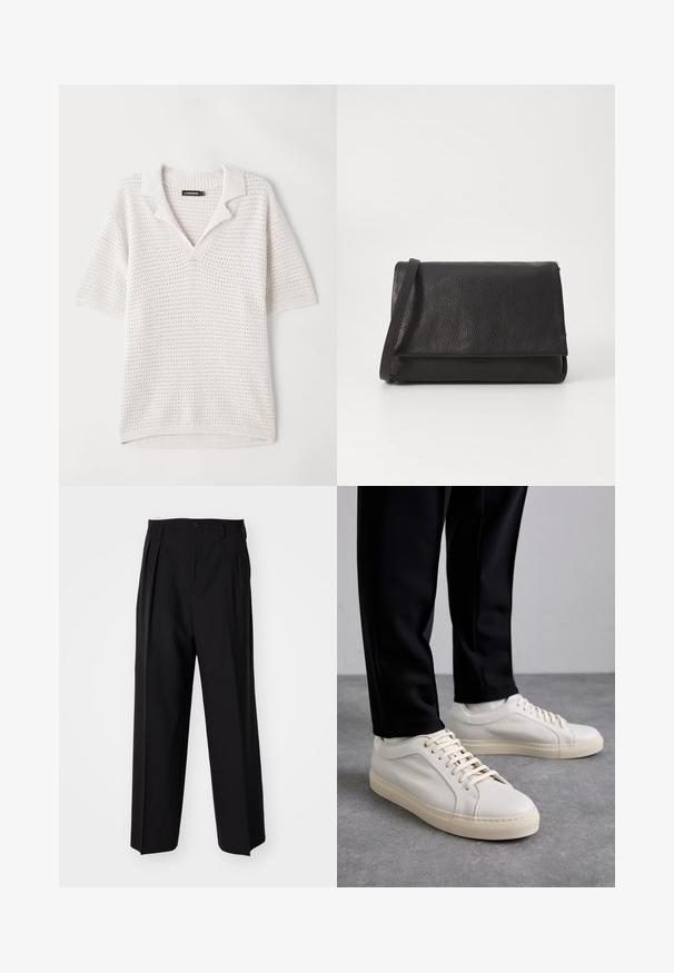 Polo a maniche corte, leggero, in maglia color avorio con motivo testurizzato, colletto e orlo a costine. Progettato per garantire traspirabilità.; Pantaloni neri a pieghe con un design dritto e gamba larga. Realizzati in tessuto morbido, con chiusura a bottone e passanti per cintura.; Sneaker in pelle beige chiaro con lacci piatti, superficie texturizzata e suola in gomma di colore crema in contrasto, abbinati a pantaloni neri a sigaretta.; Borsa a pochette in pelle nera con esterno testurizzato, patta ripiegabile e tracolla sottile, caratterizzata da un design minimalista e senza accessori visibili.