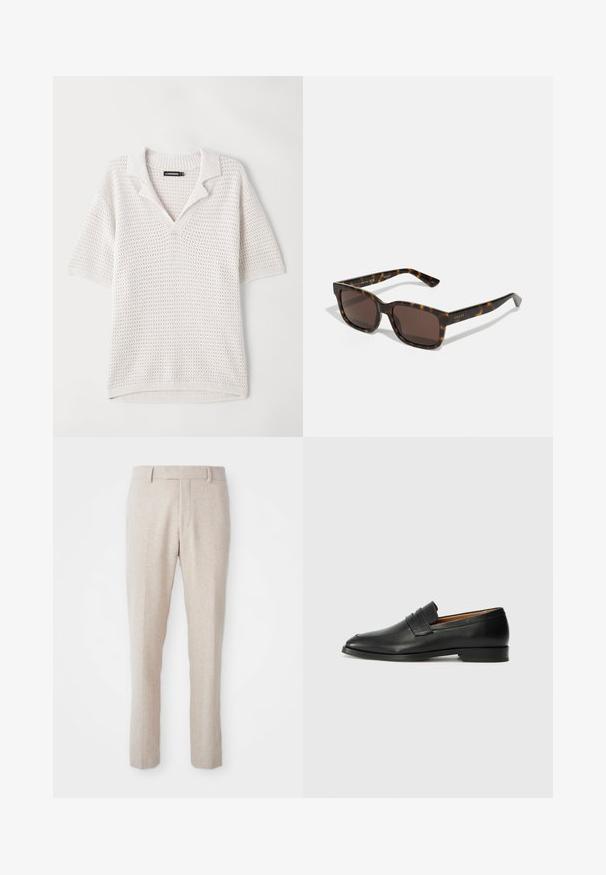 Polo a maniche corte, leggero, in maglia color avorio con motivo testurizzato, colletto e orlo a costine. Progettato per garantire traspirabilità.; Pantaloni beige in tessuto intrecciato con vestibilità dritta, dotati di una vita piatta, passanti per cintura e senza motivi visibili o dettagli in metallo.; Mocassino in pelle nera con punta arrotondata, dettagli cuciti sottili e tacco basso, caratterizzato da una texture liscia e un design minimalista.; Occhiali da sole Gucci con montatura quadrata in plastica tartarugata e lenti marroni. Presentano un logo discreto sulle aste.