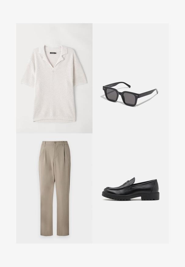 Polo léger à manches courtes en blanc cassé avec un motif texturé, col et ourlet côtelés. Conçu pour la respirabilité.; Pantalon khaki avec une coupe droite, doté d'une fermeture à bouton et d'un devant plissé. Fabriqué en tissu lisse avec une finition mate.; Mocassins en cuir noir avec un bout arrondi, un design à enfiler et une semelle en caoutchouc épaisse avec une texture antidérapante. Talon surélevé et détails de surpiqûre subtils.; Lunettes de soleil noires rectangulaires avec des verres foncés, arborant une monture épaisse, des accents subtils sur les côtés et aucun logo visible en dehors du nom de la marque.; Sac en toile beige avec deux poignées, comportant un grand texte de logo marron foncé "THE NORTH FACE" et un élément de design semi-circulaire.; Montre en acier inoxydable argenté avec un cadran noir, indicateurs horaires marqués, affichage de la date et résistance à l'eau jusqu'à 50 mètres.