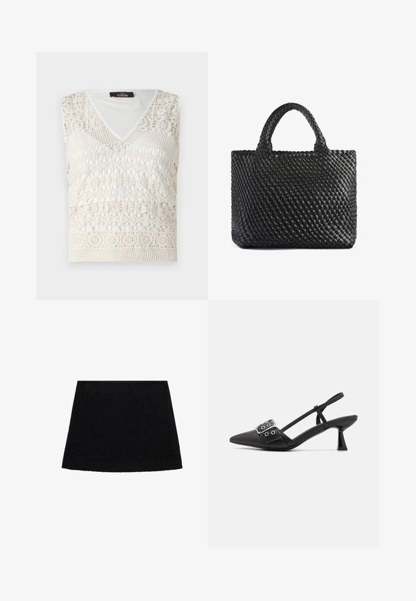 White sleeveless top featuring a V-neckline, intricate crochet design, and textured patterns throughout. Soft, lightweight fabric.; Black A-line skirt made of textured fabric, featuring a flared hem and a smooth waistband. Simple design without patterns or hardware.; Simmi London DALA - Classic heels - black; Black woven tote bag with two handles, featuring a textured surface and a rectangular shape. Simple, unique design with no visible hardware.