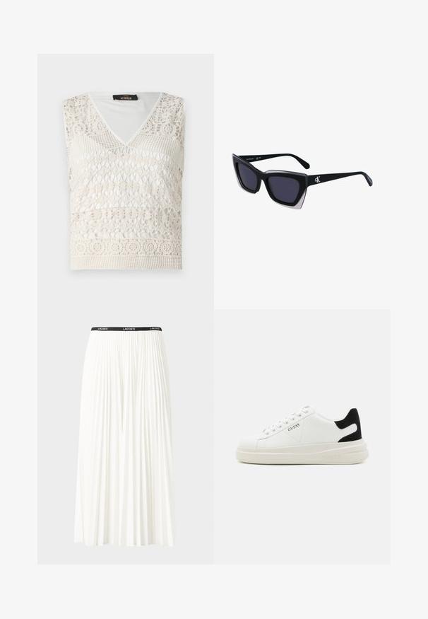 Balta be rankovių viršūnė su V formos kaklu, sudėtingu nertiniu dizainu ir tekstūruotais raštais visame paviršiuje. Minkšta, lengva medžiaga.; Pleated balta sijonas su juodu elastiniu juosmeniu, ant kurio yra "LACOSTE" logotipas. Vidutinio ilgio dizainas su švelnia tekstūra.; Baltos odinės sportbačiai su storu baltu padu, juodu nubuko kulno akcentu ir iškilmingu logotipu šone. Su raišteliais, turinčiais šešis akinius.; Juodos didelės saulės akinių su geometrine forma, turinčiais tamsius objektyvus ir kontrastingą pilką detalę ant rėmelio. Logotipas ant šalon.