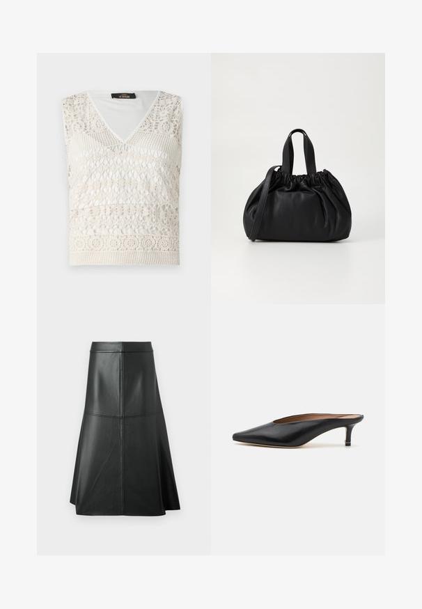 Witte mouwloze top met een V-hals, een ingewikkeld haakpatroon en textuurpatronen door het hele stuk. Zachte, lichte stof.; Zwarte leren A-lijn rok, met een gladde textuur, tot halverwege de kuit, met horizontale stikdetails in de taille en naden voor extra structuur.; Zwarte leren muiltjes met een puntige neus en een lage, blokhak. Glad oppervlak met een gestroomlijnd ontwerp. Open achterkant met minimale details.; Zwarte leren handtas met een geplooid ontwerp aan de bovenkant, voorzien van twee korte handvatten en een lange verstelbare schouderband. Gladde textuur, ronde vorm.