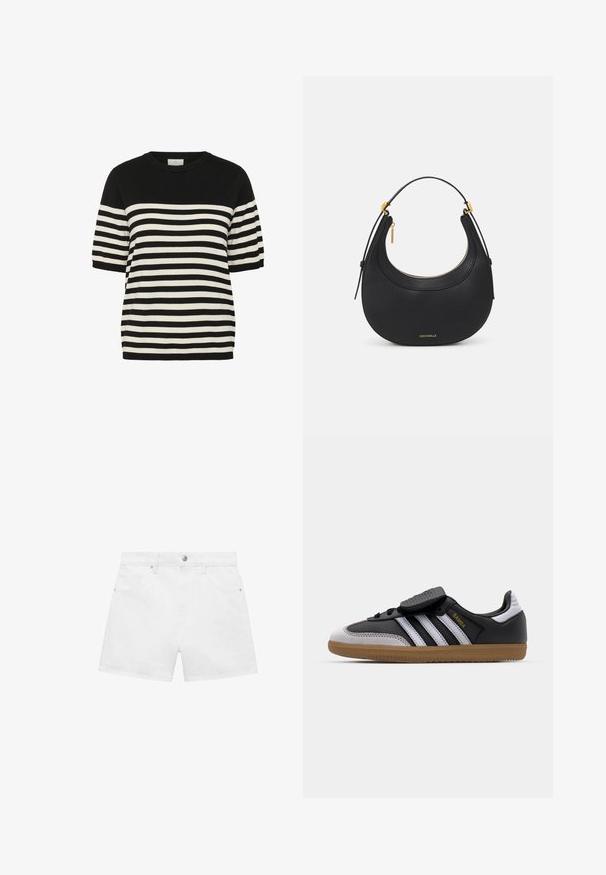 Black and white striped knit t-shirt with a round neckline and short sleeves. Horizontal stripes alternate evenly, creating a bold design.; White denim shorts with a four-pocket design, featuring a front button and zipper closure, displayed against a plain background.; Black leather and gray suede sneaker with white stripes, rubber gum sole, lace-up front, and Velcro strap. Features "Samba" branding in gold.; Black leather handbag with a rounded shape, textured surface, gold hardware accents, and a zip closure. Logo displayed at the bottom.; Gold-tone knot stud earrings with a twisted design. Each earring features a circular clear backing for secure wear.