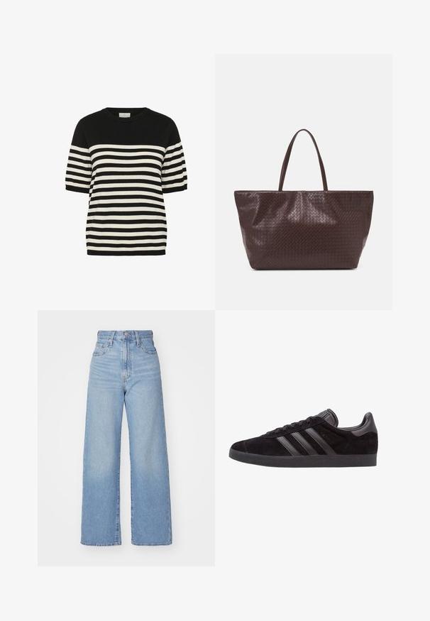 Mustat ja valkoiset raidalliset neule-paidat, joissa on pyöreä pääntie ja lyhyet hihat. Vaakaraidat vuorottelevat tasaisesti, luoden näyttävän muotoilun.; Vaalean siniset korkeavyötäröiset löysät farkut, joissa on etuvetoketju ja nappikiinnitys, sekä edessä että takana taskut, valkoista taustaa vasten.; Musta mokkasneakerit, joissa on teksturoidut kumipohjat, kolme mustaa nahkaviivaa, pyöristetty kärki ja pehmustettu nilkkapanta.; Ruskea kudottu nahkainen kassi, jossa on kaksi kahvaa, jämäkkä muoto ja teksturoitu pinta, johon on kuvioitu timanttimalli.