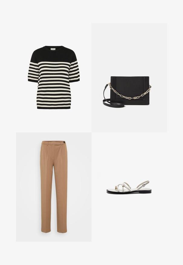 Schwarzes und weißes gestreiftes Strick-T-Shirt mit rundem Halsausschnitt und kurzen Ärmeln. Horizontale Streifen wechseln sich gleichmäßig ab und schaffen ein kräftiges Design.; Braune maßgeschneiderte Hose mit geradem Bein, verfügt über einen einzigen Knopfverschluss und einen gefalteten Vorderdesign. Glatte Textur, minimalistischer Stil.; Flache Sandalen mit dünnen metallischen Riemen, einem hellen Cremeton oben und einer schwarzen Sohle. Verstellbare Schnalle am Knöchelriemen.; Schwarze Leder-Crossbody-Tasche mit glatter Textur, rechteckiger Form und metallic-kettendetail auf der Vorderseite. Verstellbarer Gurt inklusive.