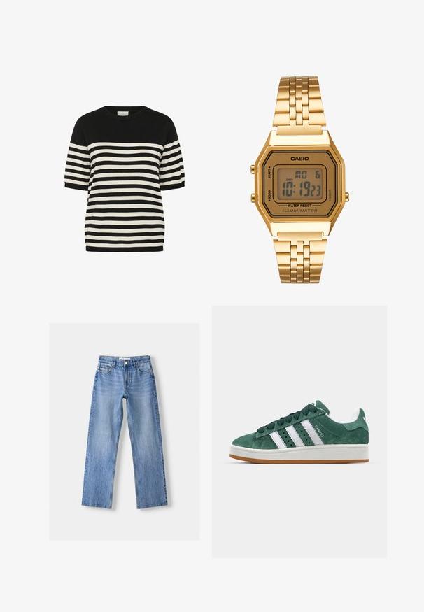 Zwart-wit gestreepte gebreide t-shirt met een ronde halslijn en korte mouwen. Horizontale strepen wisselen gelijkmatig af, wat zorgt voor een gedurfde uitstraling.; Lichtblauwe denim jeans met een rechte pasvorm, voorzien van vijf zakken, een knoopsluiting aan de voorkant en subtiele vervaging voor textuur.; Groene suède sneaker met witte leren strepen, rubberen zool, gepolsterde kraag en een minimalistisch ontwerp. Bevat merkbranding aan de zijkant.; Gouden digitale klok met een rechthoekige wijzerplaat, LCD-display, roestvrijstalen band en knoppen aan de zijkant. Bevat een waterdicht label.