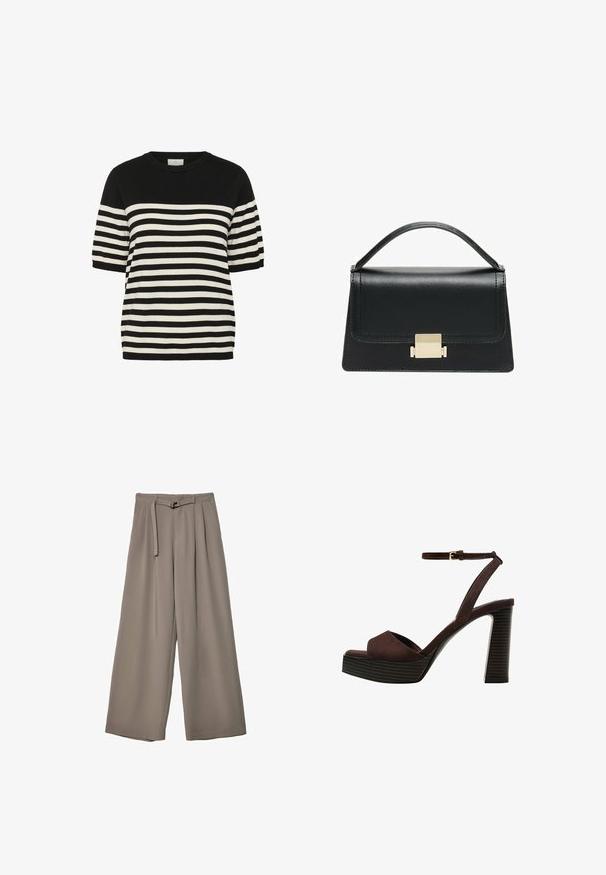 Zwart-wit gestreepte gebreide t-shirt met een ronde halslijn en korte mouwen. Horizontale strepen wisselen gelijkmatig af, wat zorgt voor een gedurfde uitstraling.; Wijd nietenbroeken van een zachte, gedempte grijze stof, met een ceintuur in de taille en plooien voor extra ontwerpelementen. Gladde textuur, geen patronen.; Bruine suède high-heeled sandaal met een open teen, verstelbare enkelband en een gestreepte plateauzool.; Zwarte lederen handtas met een gestructureerd ontwerp, bovenhandgreep en een gouden metalen sluitingdetails aan de voorkant. Gladde textuur, minimale stiksels.