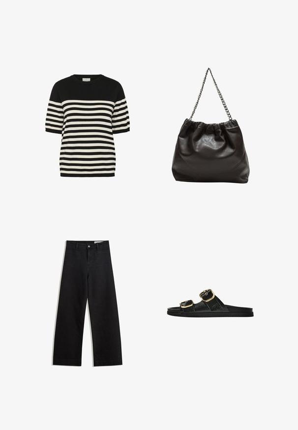 Čierno-bielo pruhované pletené tričko s okrúhlym výstrihom a krátkymi rukávmi. Horizontálne pruhy sa striedajú rovnomerne, čím vytvárajú odvážny dizajn.; Čierne denimové nohavice s širokými nohavicami a vysokým pásom, so prednými a zadnými vreckami, šitými švami a zapínaním na gombík. Hladká textúra.; Čierne šľapky s dvoma zlatými prackami, hladký textúrovaný materiál, plochá podrážka a minimalistický dizajn.; Hnedá kožená taška so zberaným vrchom a reťazovým popruhom. Hladký povrch s lesklým finišom a jemným švom po stranách.